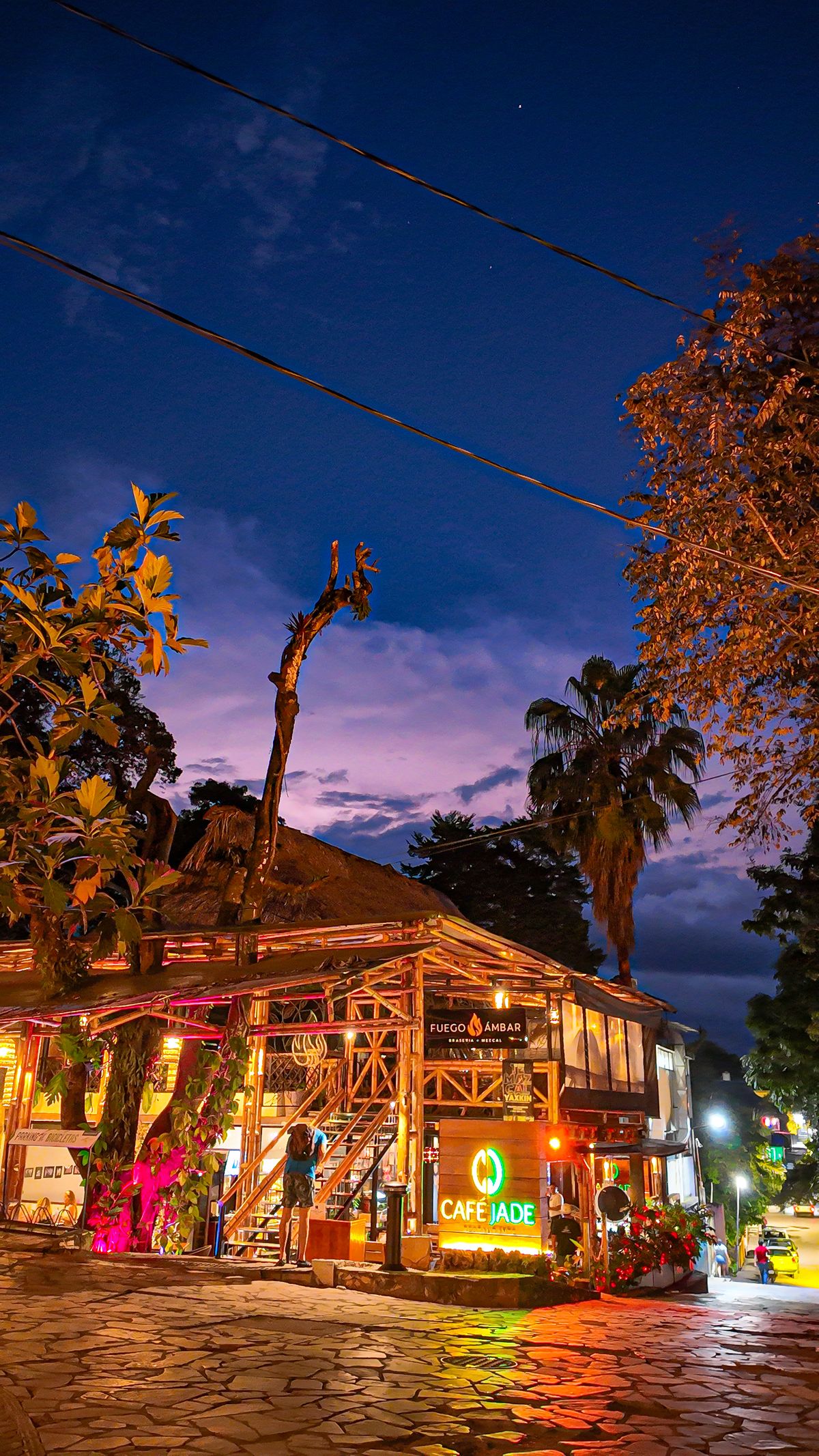 Luz de neón de Cafe Jade por la noche